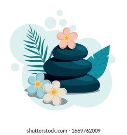 Spa stones with flowers isolated on light blue background. Vector