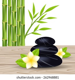Spa stones, frangipani flower and bamboo isolated on a white background. Vector illustration.