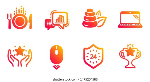 Spa stones, Graph chart and Scroll down line icons set. Food, Ranking and 24 hours signs. Laptop, Victory symbols. Bath, Growth report. Business set. Gradient spa stones icons set. Vector
