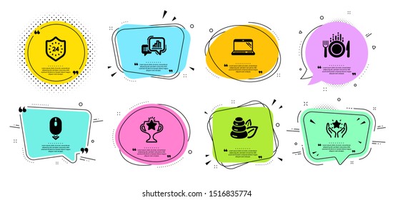 Spa stones, Graph chart and Scroll down line icons set. Chat bubbles with quotes. Food, Ranking and 24 hours signs. Laptop, Victory symbols. Bath, Growth report. Business set. Vector