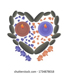 Spa stones heart shaped, candles, flowers. Vector illustration