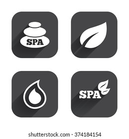 Spa stones icons. Water drop with leaf symbols. Natural tear sign. Square flat buttons with long shadow.