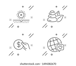 Spa stones, Payment and No sun line icons set. World brand sign. Bath, Usd coin, Uv protect. Love. Business set. Line spa stones outline icon. Vector