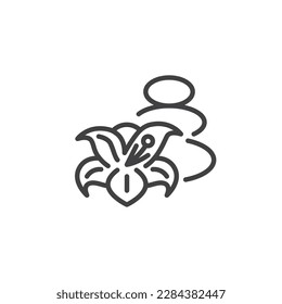 SPA stones with plumeria flowers line icon. linear style sign for mobile concept and web design. Zen stone and flower outline vector icon. Spa massage symbol, logo illustration. Vector graphics