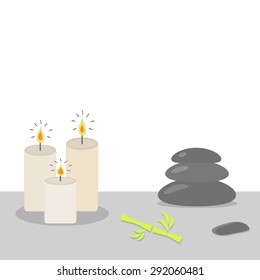 Spa stones pyramid Candles and bamboo Stone therapy White background Flat design Vector illustration