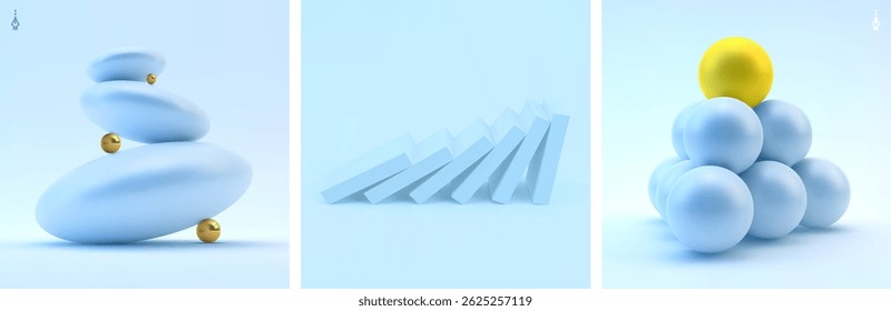 Spa stones standing in a stack. Business concept on growth, development and sustainability. Composition of blue balls accentuated with gold beads. Vector for advertising, presentation, cover, etc.