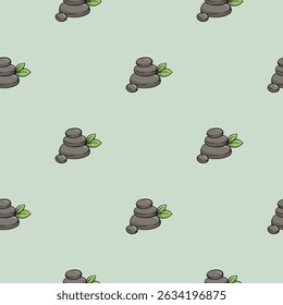 Spa stones. Vector seamless pattern. Bright illustration for background, print, wrapping paper. Repeating pattern on green background