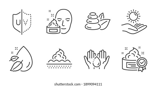 Spa stones, Water drop and Wash hands line icons set. Sun protection, Cream and Skin care signs. Face cream, Uv protection symbols. Bath, Serum oil, Skin care. Beauty set. Quality line icons. Vector