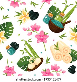 Spa supplies seamless pattern. Massage stones, towels, bamboo sticks, sea salt bottles, flowers, pebbles wrapping paper. Wellness repeat background for web. Vector textile design illustration.