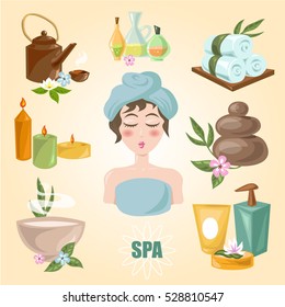 Spa symbols cartoon set. Spa emblems for beauty industry care products, spa salons or beauty salon. Vector Illustration.