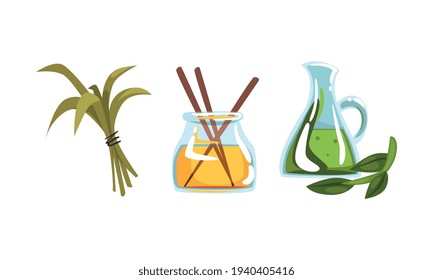 Spa Symbols Set, Aroma Sticks, Bottle of Oil, Healing Herbs, Natural Treatment, Skincare, Beauty Procedure, Body Wellness Cartoon Vector Illustration
