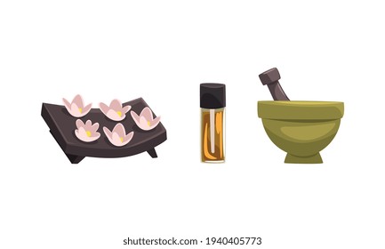 Spa Symbols Set, Flowers, Bowl and Pestle, Aroma Oil, Skincare, Beauty Procedure, Body Wellness Cartoon Vector Illustration