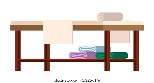 Spa table with towels isolated objects. Wooden desk or bench, roll of fabric, several napkins. Modern furniture design element of spa salon, massage room, medical office.Vector illustration