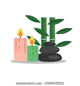 Spa Theme with Candles Pebbles and Bamboo Flat Style. Health and beauty services concept vector