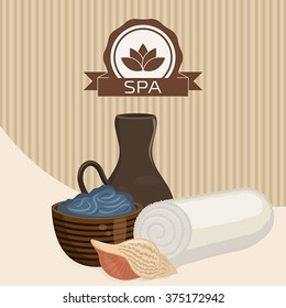 Spa theme object. Dead sea mud for spa treatments in a cup. White towel and seashell.