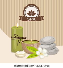 Spa theme object. Different candles, massage stones and orchid flower. 