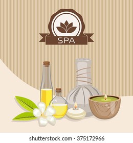 Spa theme object. Different candles, massage oil, herbal balls and orchid flower. 