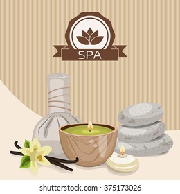 Spa theme object. Different candles, massage stones, herbal balls and vanilla flower. 