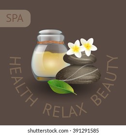 SPA theme vector illustration with jar, stones and flowers. Badge template with text Health  Relax  Beauty.