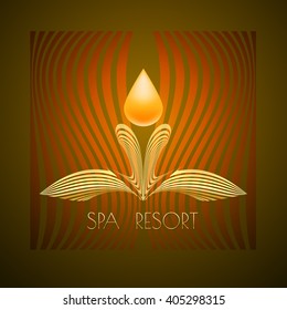 Spa themed vector illustration, design using golden line curve and drop. Logo, symbol, icon  on brown background.