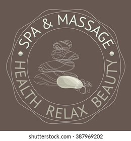 SPA themed vector illustration with stones. Badge template with text Spa Massage, Health  Relax  Beauty.