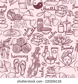 Spa therapy alternative medicine wellness sketch seamless pattern vector illustration.