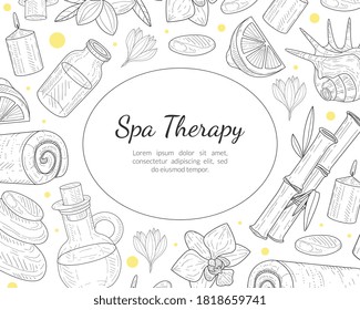 Spa Therapy Banner Template, Organic Natural Cosmetics and Beauty Accessories Seamless Pattern, Flyer, Coupon, Certificate, Promotional Leaflet Vector Illustration