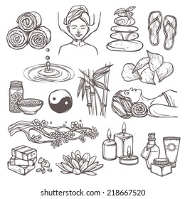 Spa therapy beauty health care alternative medicine sketch icons set isolated vector illustration