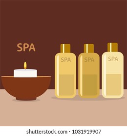 Spa therapy and beauty vector illustration. Set of spa goods bowl, candle, bottles with aromatic oil,