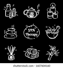 Spa Therapy Chalk Line Icons Set On Chalkboard For Wellness Salon. Relax Massage Vector Drawing. Body Health Nature Concept. Beauty Skincare Design Elements. Isolated Herbal Organic Collection.