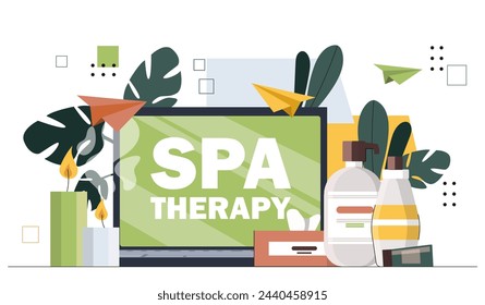 SPA therapy concept. Creams and lotions near aroma candles. Relaxation and rest, wellbeings. Skin and face care procedures. Cartoon flat vector illustration isolated on white background