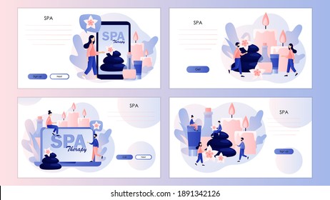 Spa Therapy Concept. Tiny People Relaxing. Beauty Procedure And Body Care. Screen Template For Mobile Smart Phone, Landing Page, Template, Ui, Web, Mobile App, Poster, Banner, Flyer. Vector 