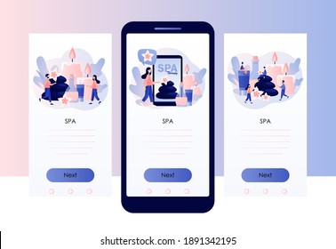 Spa Therapy Concept. Tiny People Relaxing. Beauty Procedure, Wellness Treatment And Body Care. Screen Template For Mobile Smart Phone. Modern Flat Cartoon Style. Vector Illustration