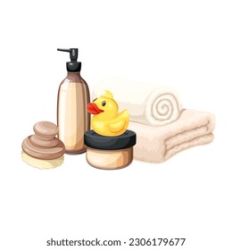 Spa therapy elements vector illustration. Cartoon isolated soft towel rolls, cute rubber duck, body massage brush, spa hygiene and beauty products in container with dispenser and jar with lid