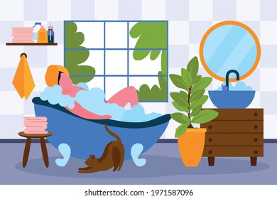 Spa therapy at home flat poster with woman relaxing in bath with foam bubbles vector illustration