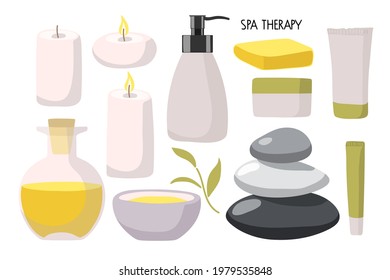 Spa therapy. Hot stones, candles, oil bowl, oil botlle, cream jar, tubes, bottles In fashionable modern style in pastel tones. Massage therapy or aromatherapy. Beauty spa treatment and relax concept