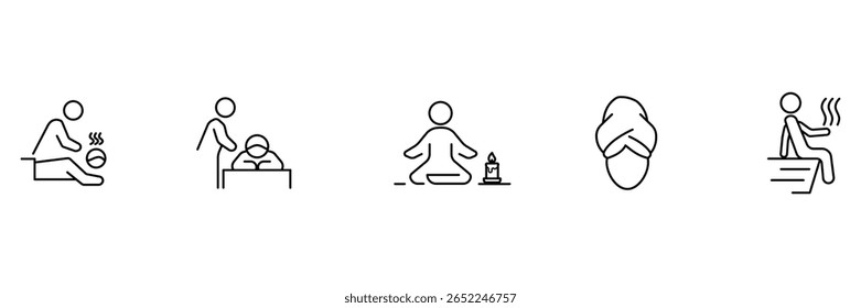 Ícone de terapia termal conjunto com massagem vapor ioga meditação toalha envoltório relaxamento bem-estar cuidado e beleza tratamento ilustração.