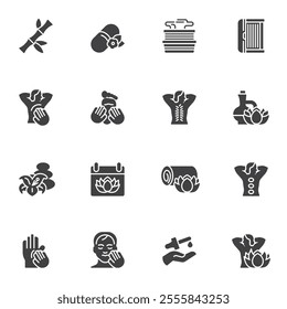 SPA Therapy and Massage vector icons set, modern solid symbol collection, filled style pictogram pack. Signs, logo illustration. Set includes icons as face and neck massage procedure, hot sauna