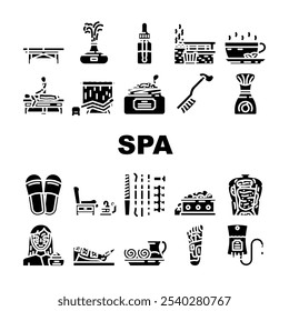 spa therapy relaxation massage icons set vector. wellness rejuvenation, detoxification aromatherapy, hydrotherapy, skincare spa therapy relaxation massage glyph pictogram Illustrations