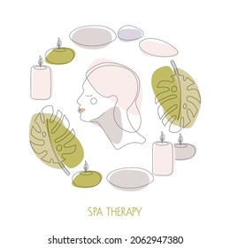 Terapia Spa. Marco redondo con piedras calientes, velas, hojas tropicales y el rostro de la mujer en tonos pastel. Tratamiento spa de belleza y relajación concepto para wellness, masaje tailandés, centro de meditación.