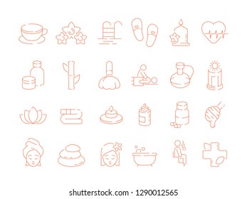 Spa thin icons. Woman beauty therapy treatment ayurveda solarium sauna relax hot stones and smell vector symbols