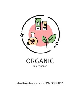 El concepto orgánico de la línea delgada del spa incluye la cosmética herbal y la hoja verde. Ilustración vectorial de la atención de belleza