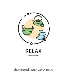 Icono de la línea delgada Relax Concepto Inclusión de Kettle de Piedra y Té. Ilustración vectorial de la atención de belleza