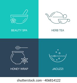 Spa thin line logo concept. Exceptional natural calligraphic elegant linear icons set. Exclusive outline sign vector illustration.