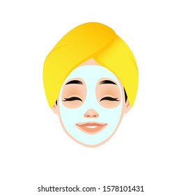 Spa time. Cute cartoon girl face with mask. Vector illustration