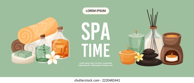 Spa time green horizontal banner. Promotion template design with cosmetic bottles, aroma candles,hot stones, soat, aroma sticks. Salon therapy, relax, natural products, beauty care vector illustration