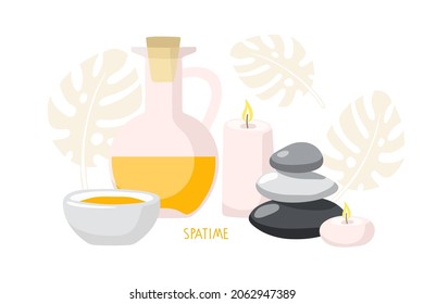 Spa time. Massage stones, candles, monster leaves, oil botle and bowl In fashionable modern style. Beauty spa treatment and relax concept for wellness, thai massage, meditation center, home spa.