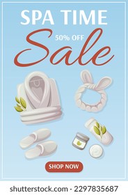 Spa time sale poster. Bathrobe, slippers, headband, rolled towel and body cream. Items for salon, massage, relaxation. Vector illustration. For advertising, website, banner. a4 format
