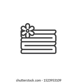 Spa towel line icon. linear style sign for mobile concept and web design. Folded towel and flower outline vector icon. Symbol, logo illustration. Vector graphics