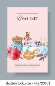 Spa treatment banner with lotus, shell and hibiscus flowers.Design for cosmetics, store,spa and beauty salon, organic health care products. With place for text. Vector illustration.